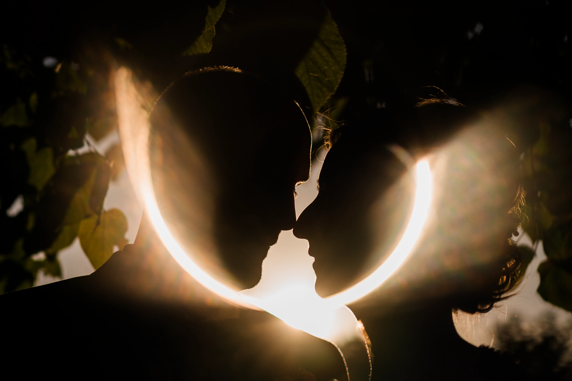 Brautpaar küsst sich im Lichtkreis bei einer Hochzeit nahe Rheine