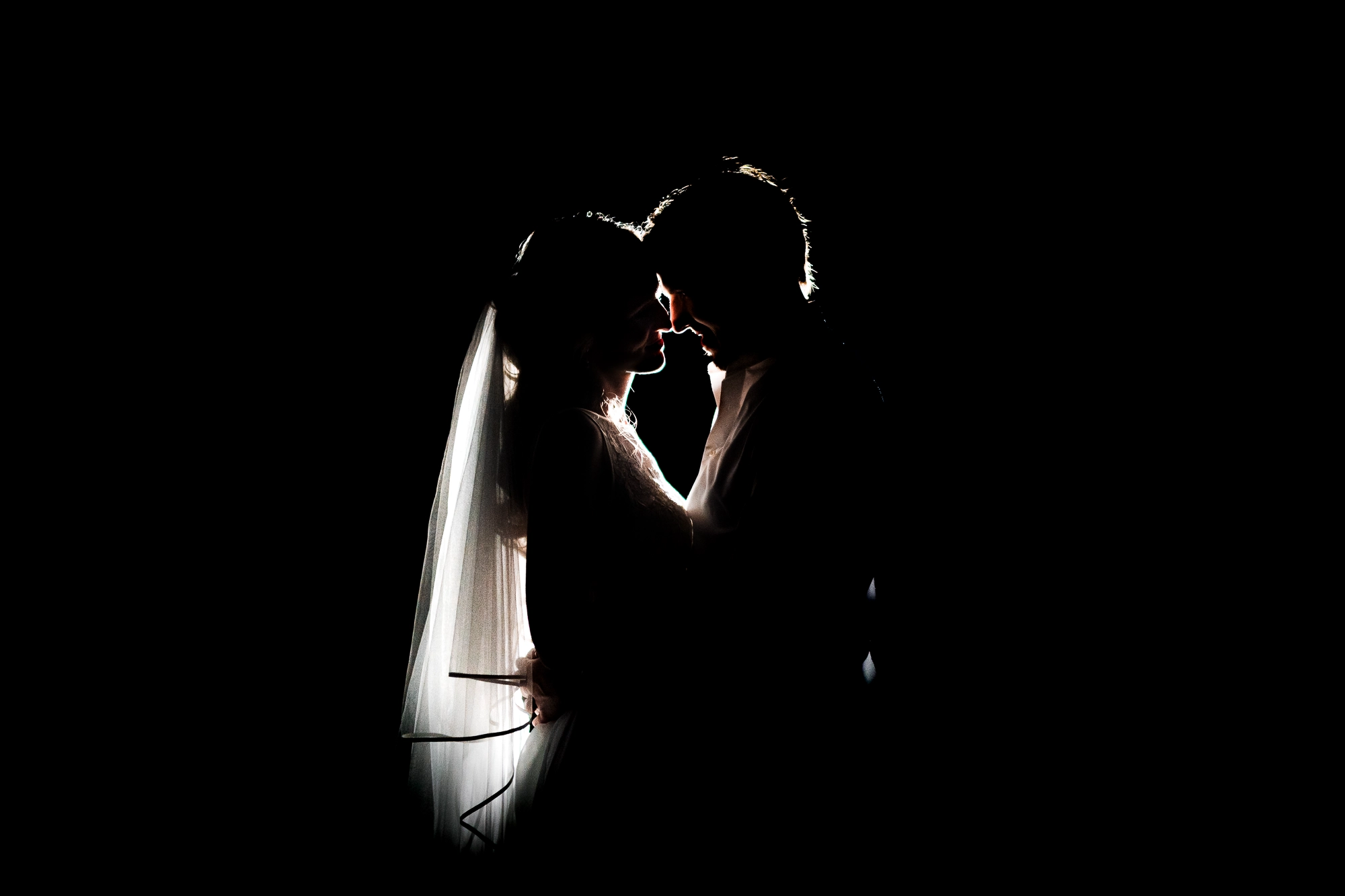 Silhouette eines Brautpaares kurz vor dem Kuss – Hochzeitsfotograf Rheine